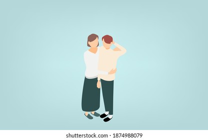 Isometric, skinship hugging men and women