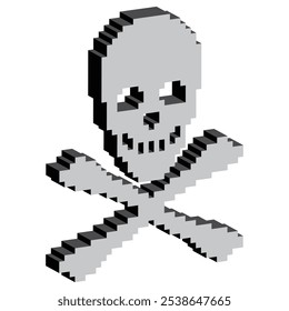 isometric Skull and bones icon 8 bit, pixel pirate icon for game logo.