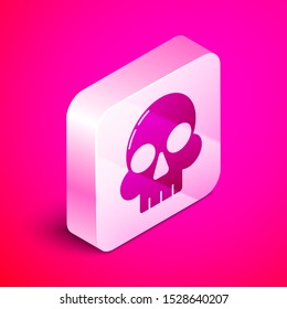 Isometric Skull icon isolated on pink background. Happy Halloween party. Silver square button. Vector Illustration