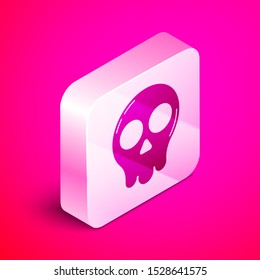 Isometric Skull icon isolated on pink background. Happy Halloween party. Silver square button. Vector Illustration