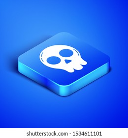 Isometric Skull icon isolated on blue background. Happy Halloween party. Blue square button. Vector Illustration