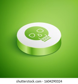 Isometric Skull icon isolated on green background. Happy Halloween party. White circle button. Vector Illustration