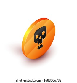 Isomtric Skull icono aislado en fondo blanco. Feliz fiesta de Halloween. Botón de círculo naranja. Ilustración vectorial