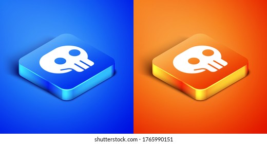 Isometric Skull icon isolated on blue and orange background. Square button. Vector
