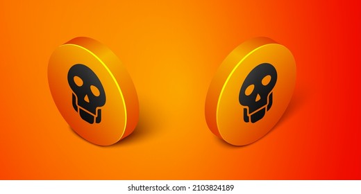 Isometric Skull icon isolated on orange background. Happy Halloween party. Orange circle button. Vector