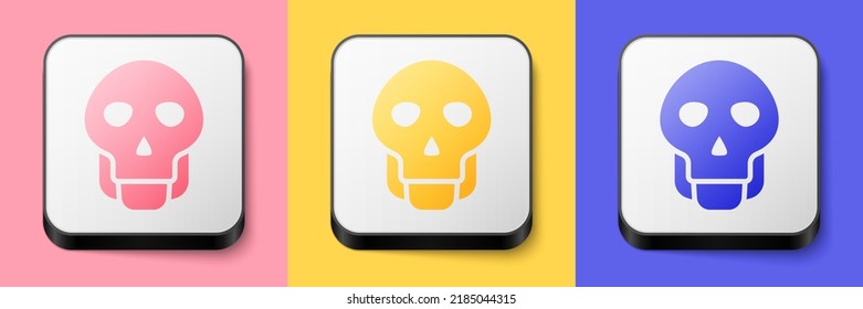 Isometric Skull icon isolated on pink, yellow and blue background. Happy Halloween party. Square button. Vector