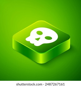 Isometric Skull icon isolated on green background. Happy Halloween party. Green square button. Vector