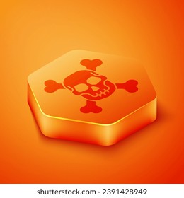 Isometric Skull on crossbones icon isolated on orange background. Happy Halloween party. Orange hexagon button. Vector
