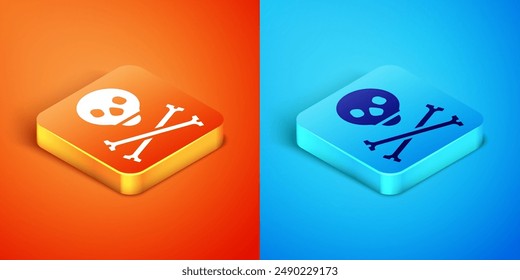Isometric Skull on crossbones icon isolated on orange and blue background. Happy Halloween party.  Vector