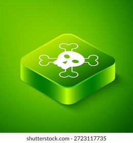 Cráneo isométrico en el icono de huesos cruzados aislado sobre fondo verde. Feliz Halloween. Botón cuadrado verde. Vector