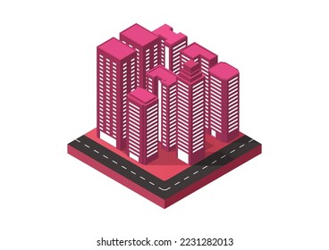 área de construcción de rascacielos isométricos con autopista. ilustración vectorial