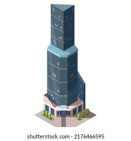 Isometric skyscraper building. Business office and commercial towers. City development in 3D design. Finance cityscape architecture, street elements for map. Vector illustration