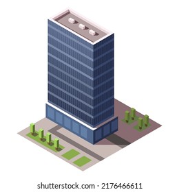 Isometric skyscraper building. Business office and commercial towers. City development in 3D design. Finance cityscape architecture, street elements for map. Vector illustration