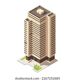 Edificio de rascacielos isométrico para la creación de mapas colección. Oficina de negocios y torre comercial. Desarrollo urbano en diseño 3D. Arquitectura del paisaje urbano de finanzas, elemento de la calle web. Ilustración del vector