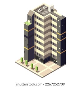 Isometric skyscraper building for map creating collection. Business office and commercial tower. City development in 3D design. Finance cityscape architecture, web street element. Vector illustration