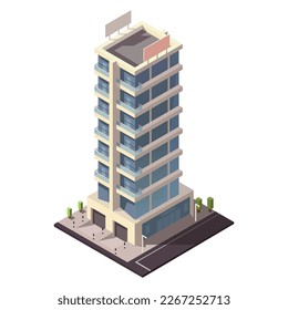 Edificio de rascacielos isométrico para la creación de mapas colección. Oficina de negocios y torre comercial. Desarrollo urbano en diseño 3D. Arquitectura del paisaje urbano de finanzas, elemento de la calle web. Ilustración del vector