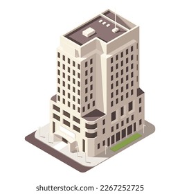 Isometric skyscraper building for map creating collection. Business office and commercial tower. City development in 3D design. Finance cityscape architecture, web street element. Vector illustration