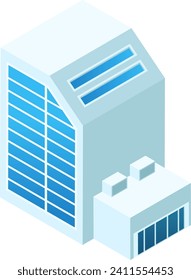 Isometric skyscraper building with modern architecture, blue windows and an annex. Cityscape, urban real estate and corporate building vector illustration.