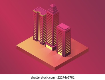 Isometric skyscraper building at night view