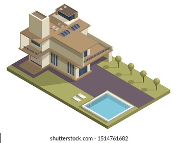 Isometrisches Wolkenkratzer-Gebäude mit Swimmingpool und Garten-Hintergrund.