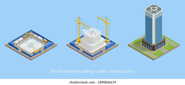 Isometric Skyscraper construction process. Building crane, multi-storey building under construction.