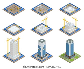 Isometric Skyscraper construction process. Building crane, multi-storey building under construction.