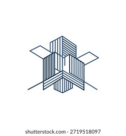 Ilustración isométrica de rascacielos con patrones de línea. Dibujo arquitectónico contemporáneo de la torre de la ciudad.