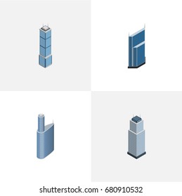 Isometric Skyscraper Set Of Apartment, Building, Tower And Other Vector Objects. Also Includes Skyscraper, Tower, Exterior Elements.