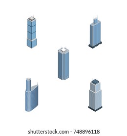 Isometric Skyscraper Set Of Apartment, Skyscraper, Building And Other Vector Objects. Also Includes Exterior, Apartment, Building Elements.