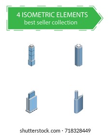 Isometric Skyscraper Set Of Building, Apartment, Skyscraper And Other Vector Objects. Also Includes Residential, Skyscraper, Cityscape Elements.