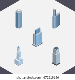 Isometric Skyscraper Set Of Building, Urban, Tower And Other Vector Objects. Also Includes Skyscraper, Apartment, Exterior Elements.