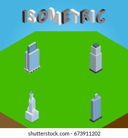 Isometric Skyscraper Set Of Business Center, Cityscape, Tower And Other Vector Objects. Also Includes Urban, Business, Apartment Elements.