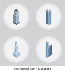Isometric Skyscraper Set Of Skyscraper, Cityscape, Building And Other Vector Objects. Also Includes Exterior, Cityscape, Business Elements.