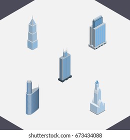 Isometric Skyscraper Set Of Exterior, Building, Urban And Other Vector Objects. Also Includes Residential, Business, Building Elements.
