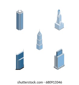 Isometric Skyscraper Set Of Exterior, Cityscape, Skyscraper And Other Vector Objects. Also Includes Exterior, Skyscraper, Center Elements.