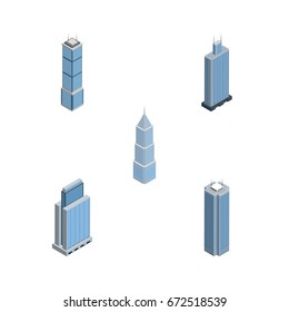 Isometric Skyscraper Set Of Exterior, Skyscraper, Urban And Other Vector Objects. Also Includes Skyscraper, Exterior, Urban Elements.