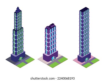 Isometric skyscraper set on a white background. Real estate sale and rent. Big building concept. Big city architecture