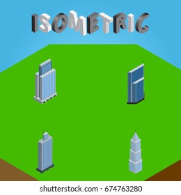 Isometric Skyscraper Set Of Residential, Business Center, Urban And Other Vector Objects. Also Includes Center, Residential, Exterior Elements.