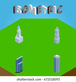 Isometric Skyscraper Set Of Skyscraper, Residential, Cityscape And Other Vector Objects. Also Includes Tower, Exterior, Center Elements.