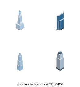 Isometric Skyscraper Set Of Residential, Cityscape, Exterior And Other Vector Objects. Also Includes Apartment, Skyscraper, Tower Elements.