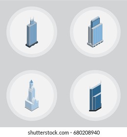 Isometric Skyscraper Set Of Residential, Cityscape, Business Center And Other Vector Objects. Also Includes Skyscraper, Apartment, Business Elements.