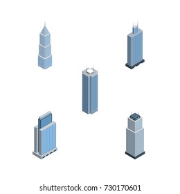 Isometric Skyscraper Set Of Tower, Skyscraper, Business Center And Other Vector Objects. Also Includes Apartment, Business, Urban Elements.