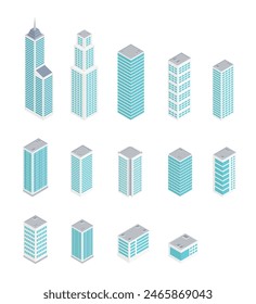 Isometric skyscraper set. Urban city architecture office buildings. Modern city buildings isometry.