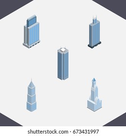Isometric Skyscraper Set Of Skyscraper, Urban, Cityscape And Other Vector Objects. Also Includes Business, Skyscraper, Exterior Elements.