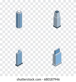 Isometric Skyscraper Set Of Urban, Skyscraper, Tower And Other Vector Objects. Also Includes Residential, Business, Tower Elements.