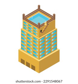 Isometric skyscraper with a swimming pool on the roof. on a white background. Sale and rental of real estate. Big building concept. big city architecture