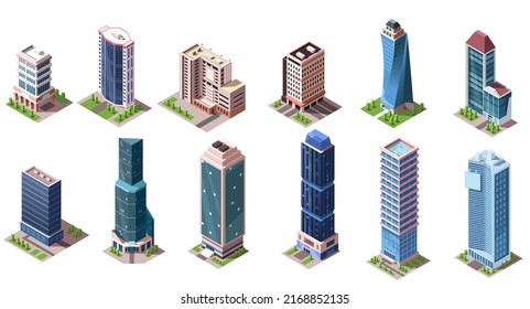 Isometric skyscrapers buildings collection. Set of business office and commercial towers. City development in 3D design. Finance cityscape architecture, street elements for map. Vector illustration