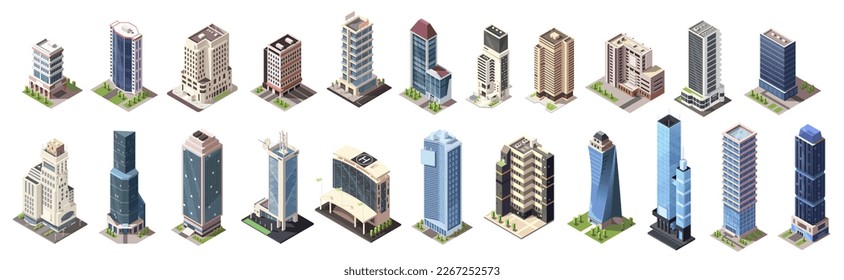 Isometric skyscrapers buildings collection. Set of business office and commercial towers. City development in 3D design. Finance cityscape architecture, street elements shape map. Vector illustration