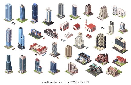 Isometric skyscrapers and city buildings big collection. Set of business office or commercial towers. City development in 3d. Finance cityscape architecture, elements shape of map. Vector illustration