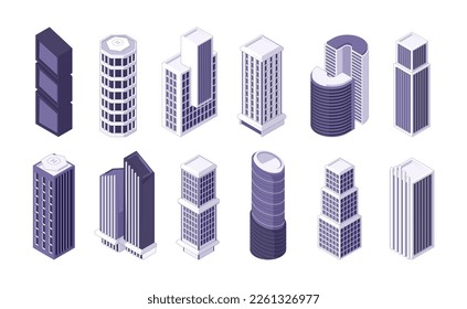 Isometric skyscrapers. Modern city buildings in isometry, residential apartment business office towers flat style cityscape concept. Vector set. Futuristic houses, block of flats collection